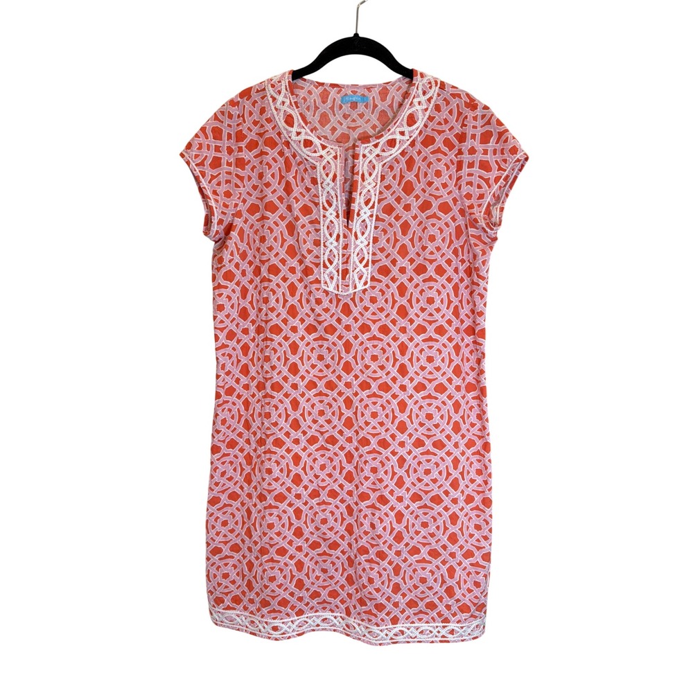 J.McLaughlin Women Coral‎ Pink Geometric Embroidered Shift Dress Small Cotton